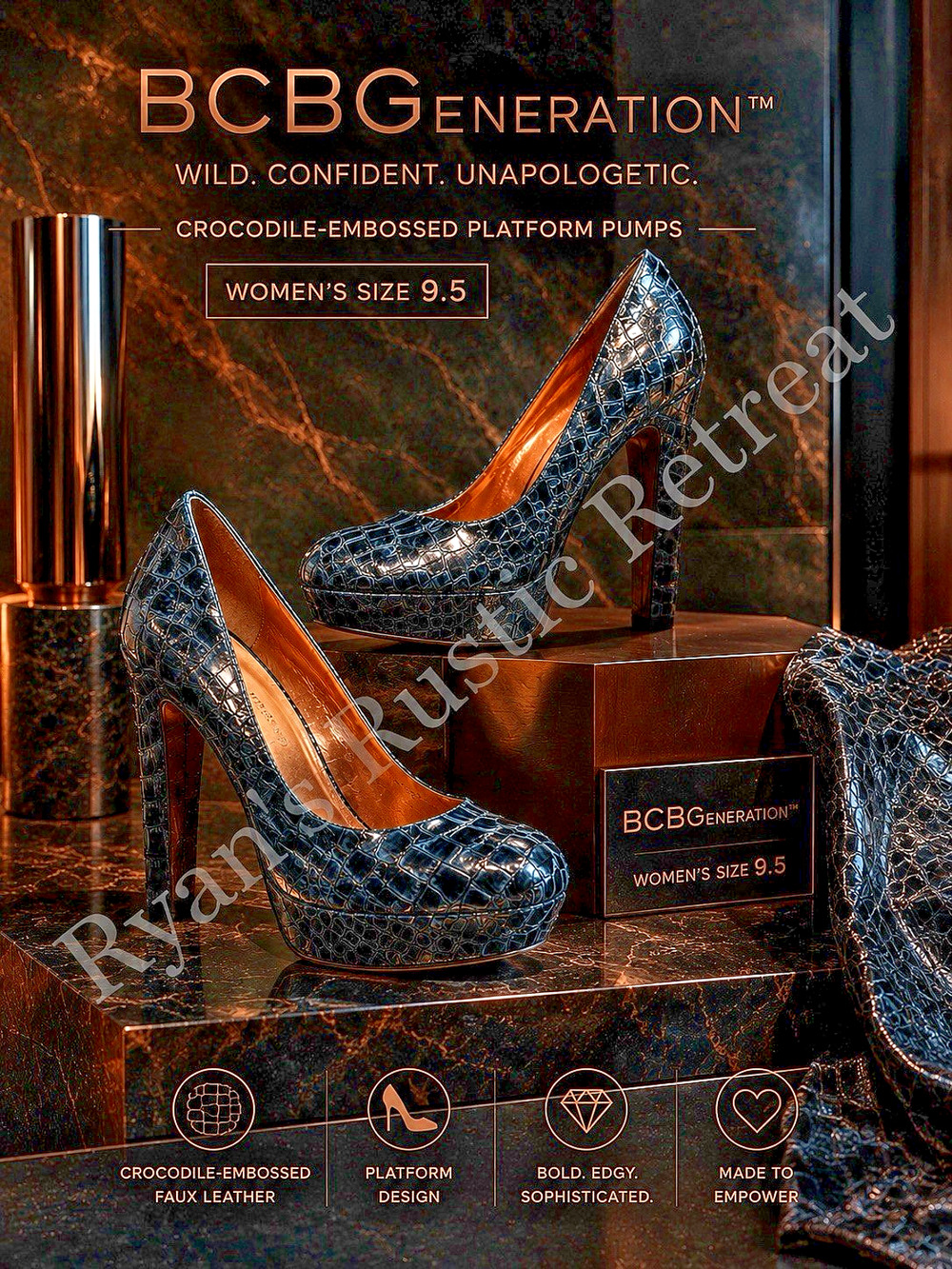 BCBGeneration Black Croc Embossed Platform Pumps High Heel Women’s Size 9.5